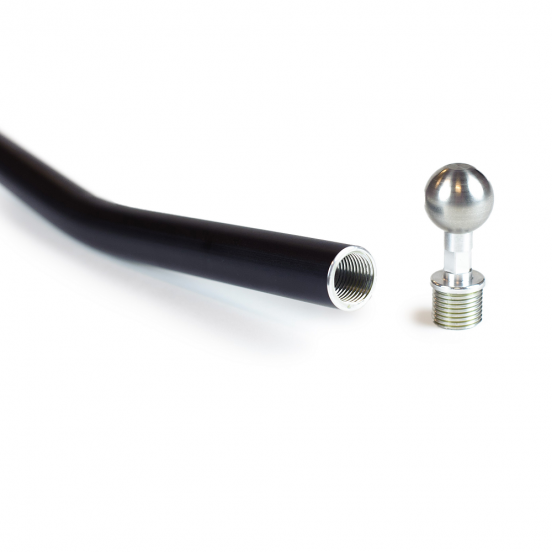 Close-up of the Columbia Closet Monster with the ball bearing unscrewed, standing upright beside the end of the black painted handle