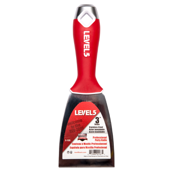 3-inch Level 5 Stainless Steel Taping Knife with steel blade, red soft-grip handle, metal hammer end, and hang hole