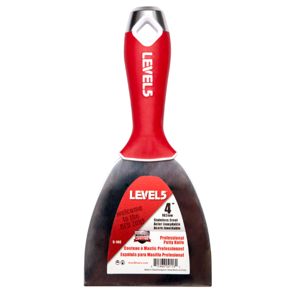 4-inch Level 5 Stainless Steel Joint Knife with steel blade, red soft-grip handle, metal hammer end, and hang hole