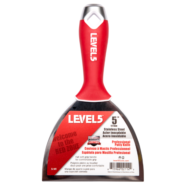 5-inch Level 5 Stainless Steel Joint Knife with steel blade, red soft-grip handle, metal hammer end, and hang hole