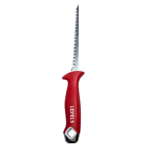 6-inch Level 5 Drywall Jab Saw with carbon steel teeth, red soft-grip handle, finger protection, and a metal hammer head