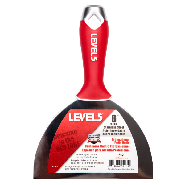 6-inch Level 5 Stainless Steel Joint Knife with steel blade, red soft-grip handle, metal hammer end, and hang hole