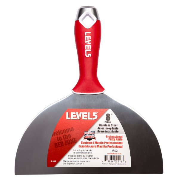 8-inch Level 5 Stainless Steel Joint Knife with steel blade, red soft-grip handle, metal hammer end, and hang hole