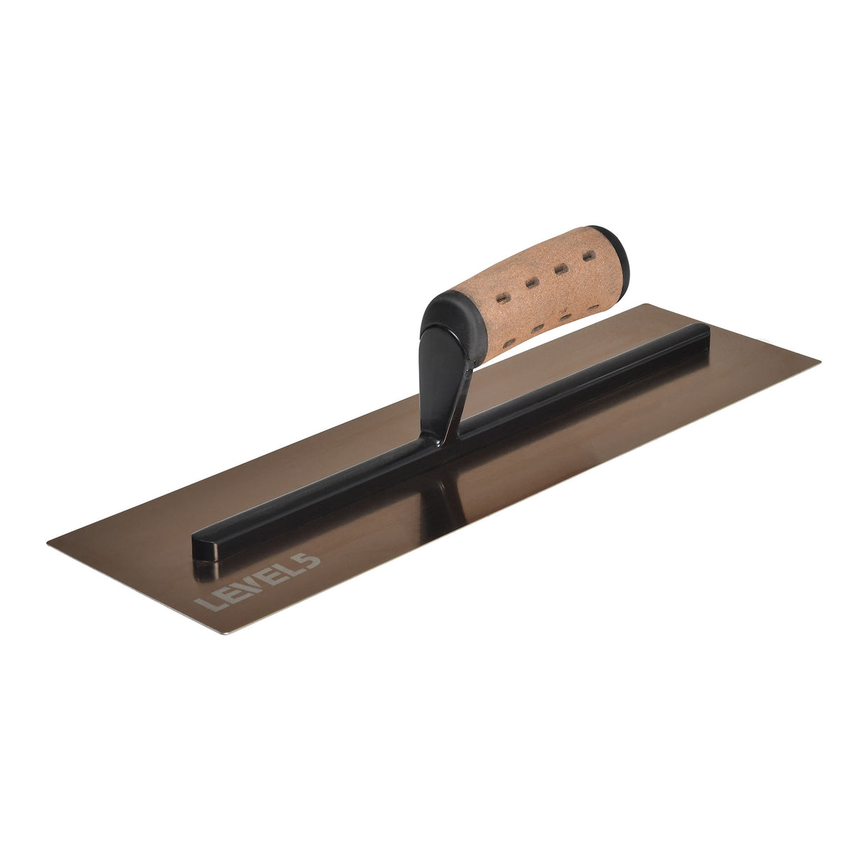 16-inch Level 5 Triple Hardened Rigid Flat Golden Trowel with stainless steel blade, black handle mount, and non-slip leather composite grips