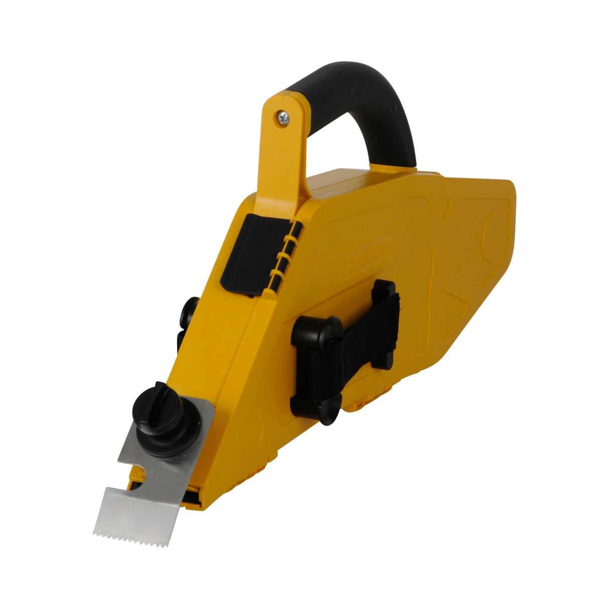 TapeTech Mud Dog Premium Taping Banjo with yellow ABS body, black handle, adjustable straps, and steel cutting blade