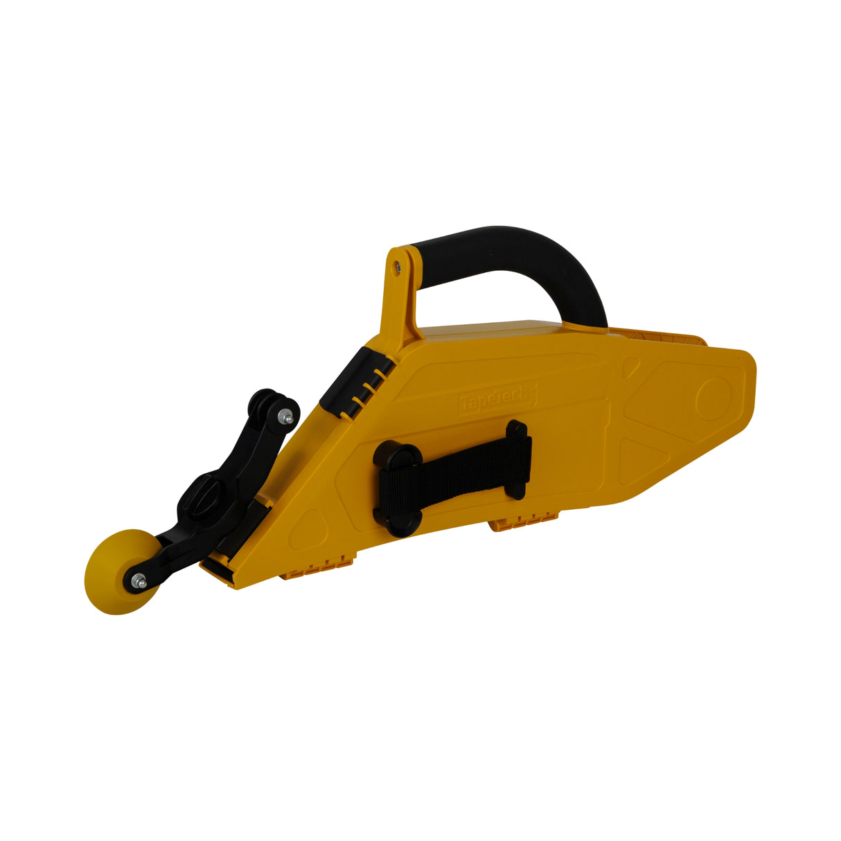 TapeTech Mud Dog Premium Taping Banjo with yellow ABS body, black handle, adjustable straps, and black creaser with yellow wheel, side view