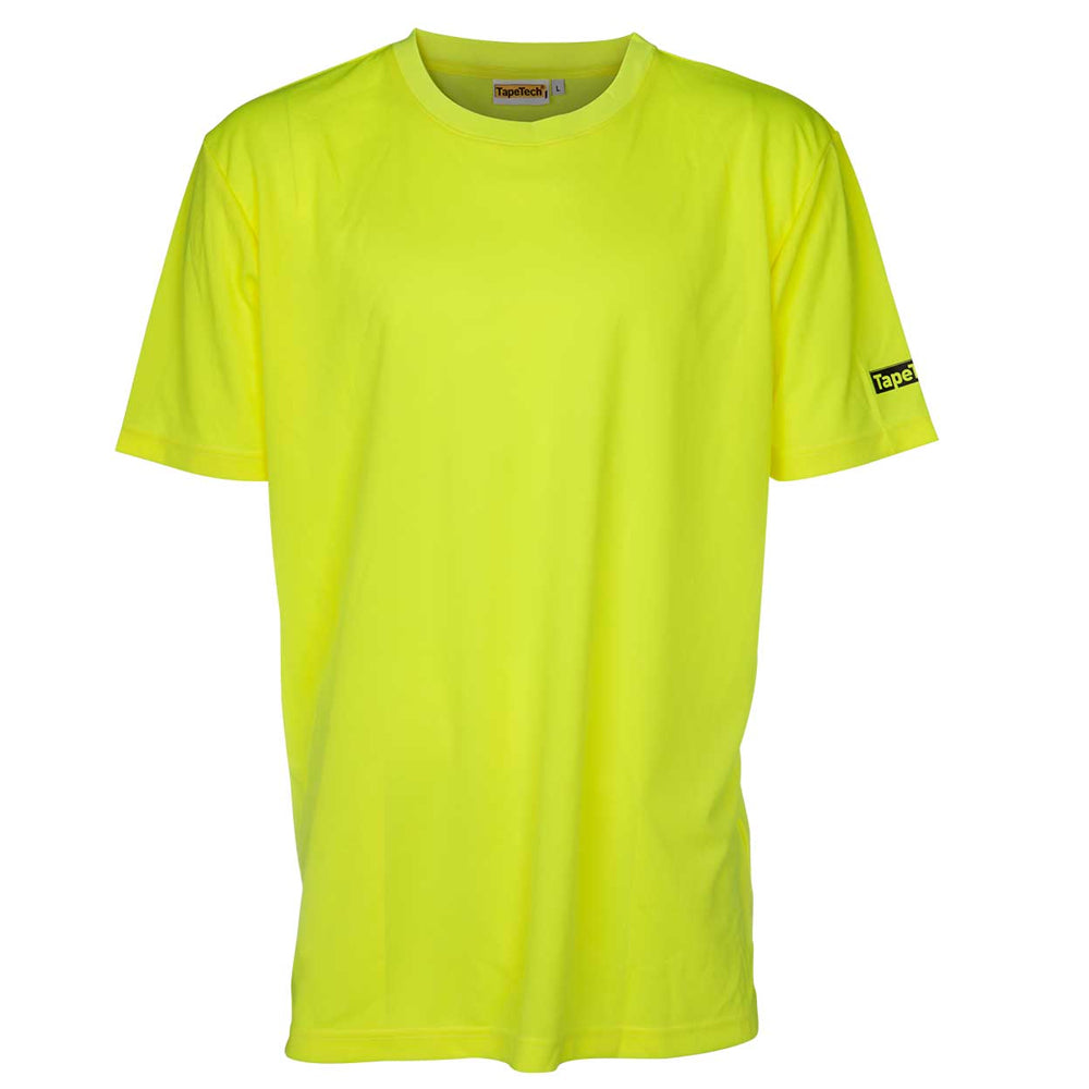 TapeTech High Visibility Premium Short Sleeve Work Shirt in neon yellow with a black TapeTech logo on the right sleeve