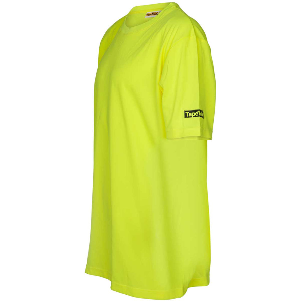 Left side of TapeTech High Visibility Premium Short Sleeve Work Shirt in neon yellow with a black TapeTech logo on the right sleeve
