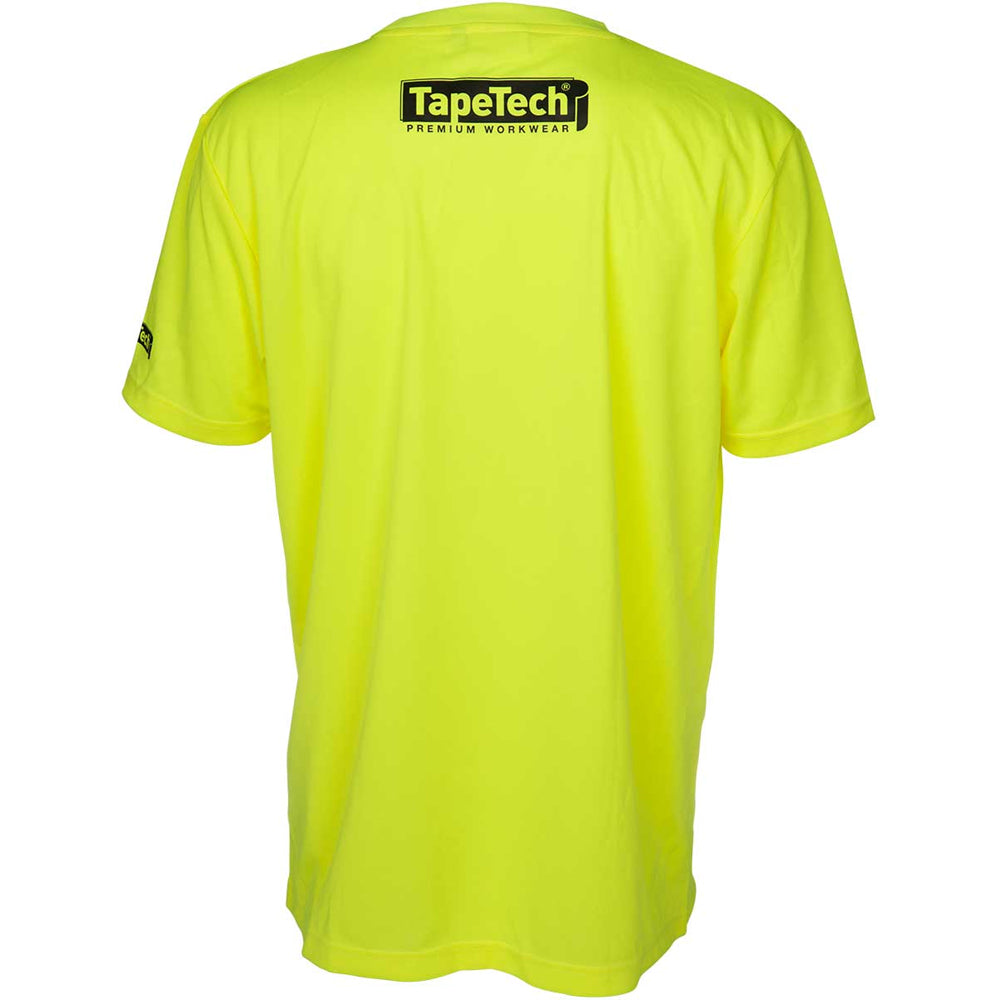 Back side of TapeTech High Visibility Premium Short Sleeve Work Shirt in neon yellow with a black TapeTech logo on the right sleeve and back collar