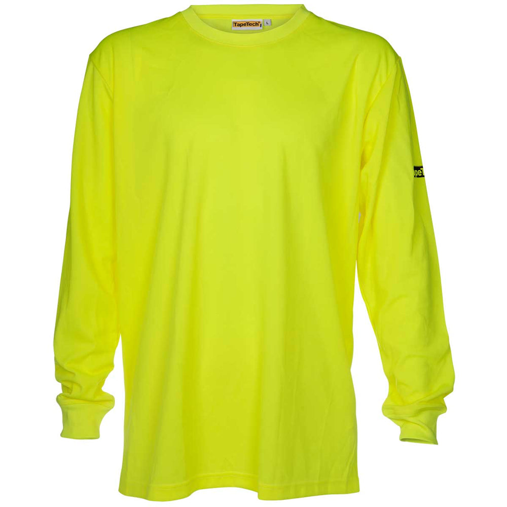 TapeTech high-visibility premium long sleeve work shirt in neon yellow with a black TapeTech logo on the right sleeve
