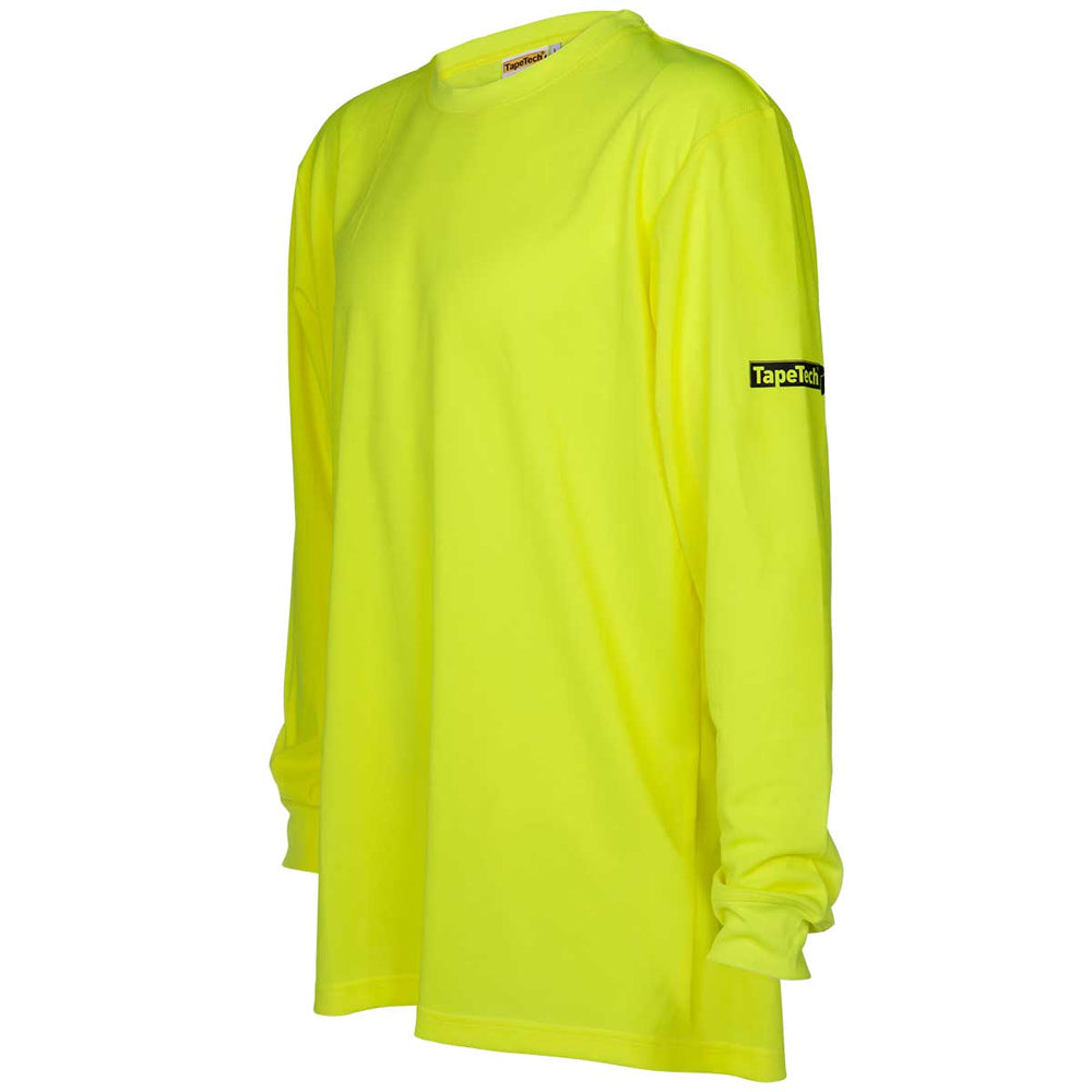Front quarter view of the TapeTech high-visibility premium long sleeve work shirt in neon yellow with a black TapeTech logo on the right sleeve