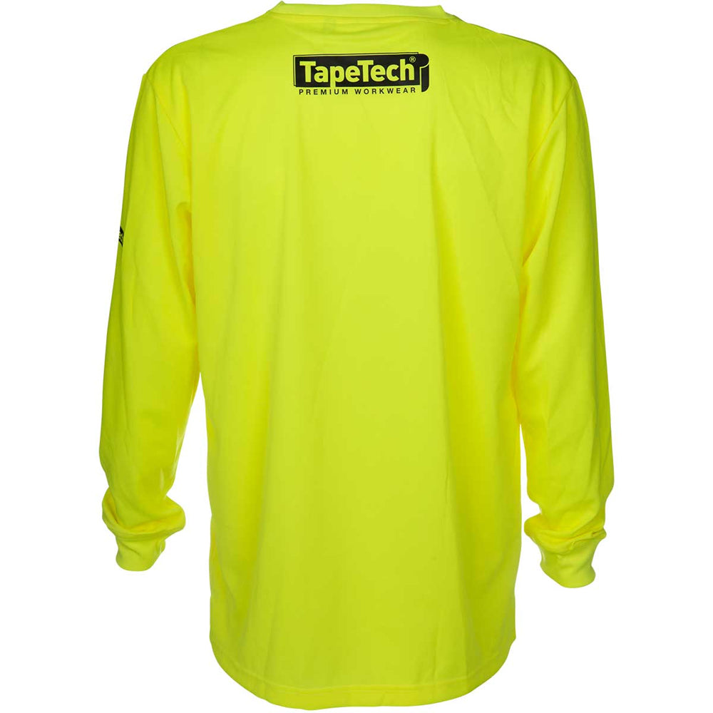 Back view of the TapeTech high-visibility premium long sleeve work shirt in neon yellow with a black TapeTech logo on the right sleeve