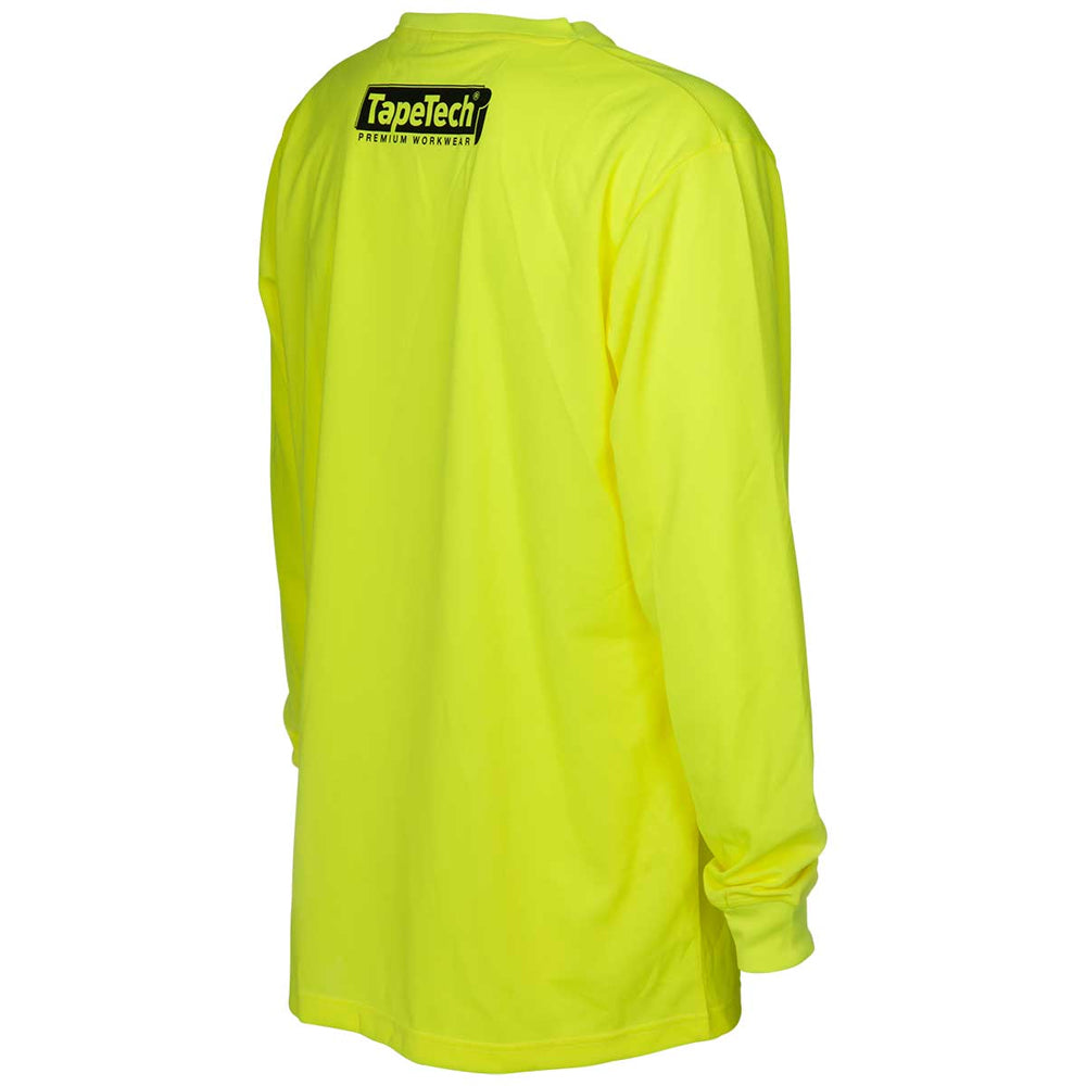 Back quarter view of the TapeTech high-visibility premium long sleeve work shirt in neon yellow with a black TapeTech logo on the right sleeve