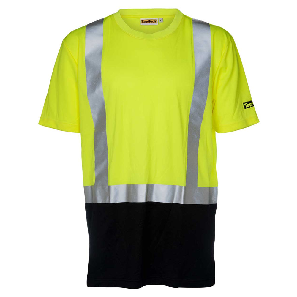 TapeTech High Visibility Short Sleeve Safety Shirt in neon yellow and black with reflective silver strips