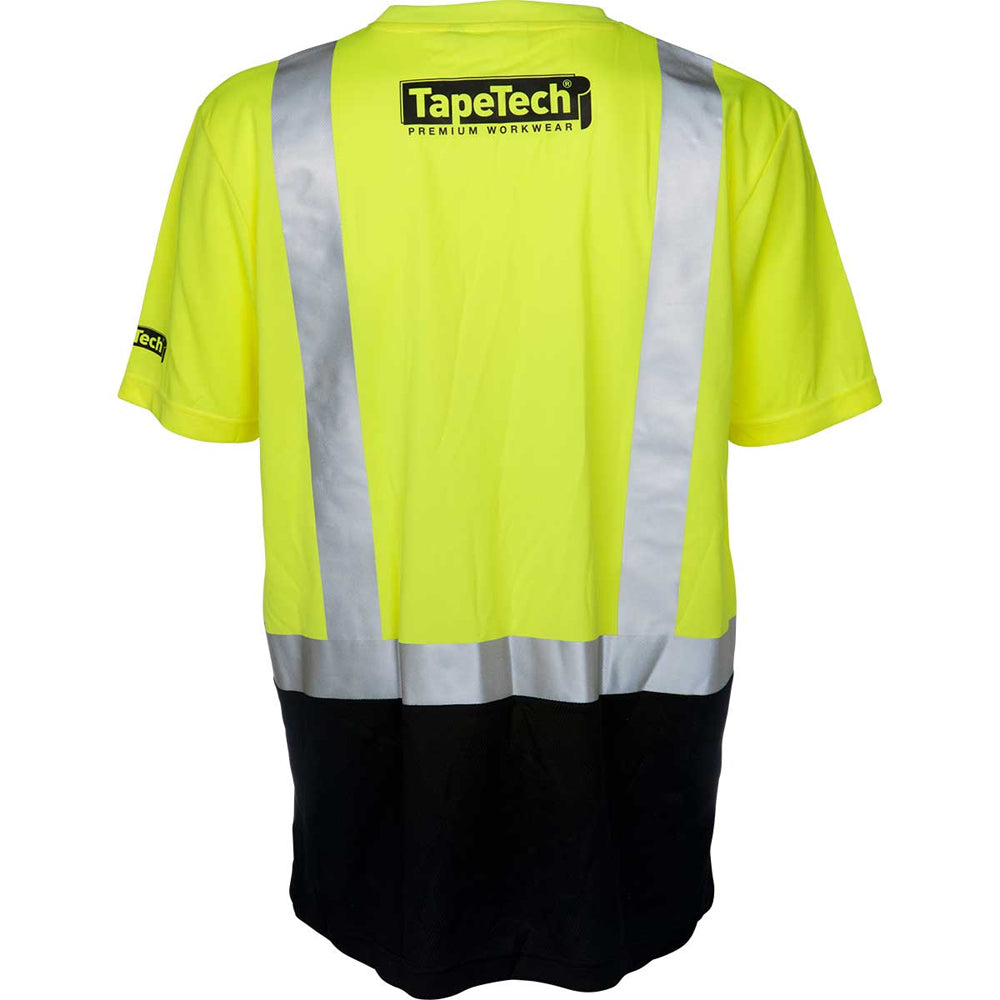 Back of TapeTech High Visibility Short Sleeve Safety Shirt in neon yellow and black with reflective silver strips