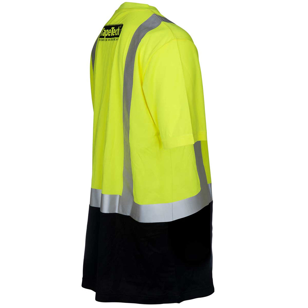 Left side of TapeTech High Visibility Short Sleeve Safety Shirt in neon yellow and black with reflective silver strips