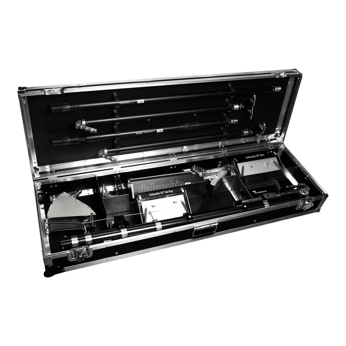 Top view of an open Columbia automatic taping tool case containing handles, finishing boxes, automatic taping attachments, a mud pump, and an automatic taper