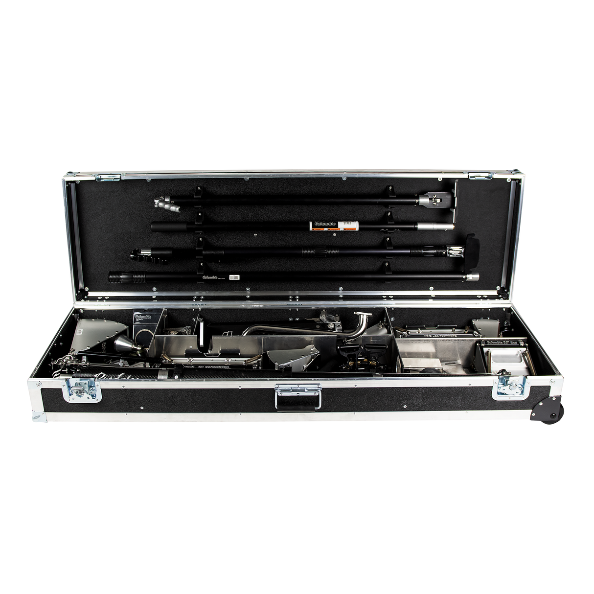 Front view of an open Columbia automatic taping tool case containing handles, finishing boxes, automatic taping attachments, a mud pump, and an automatic taper