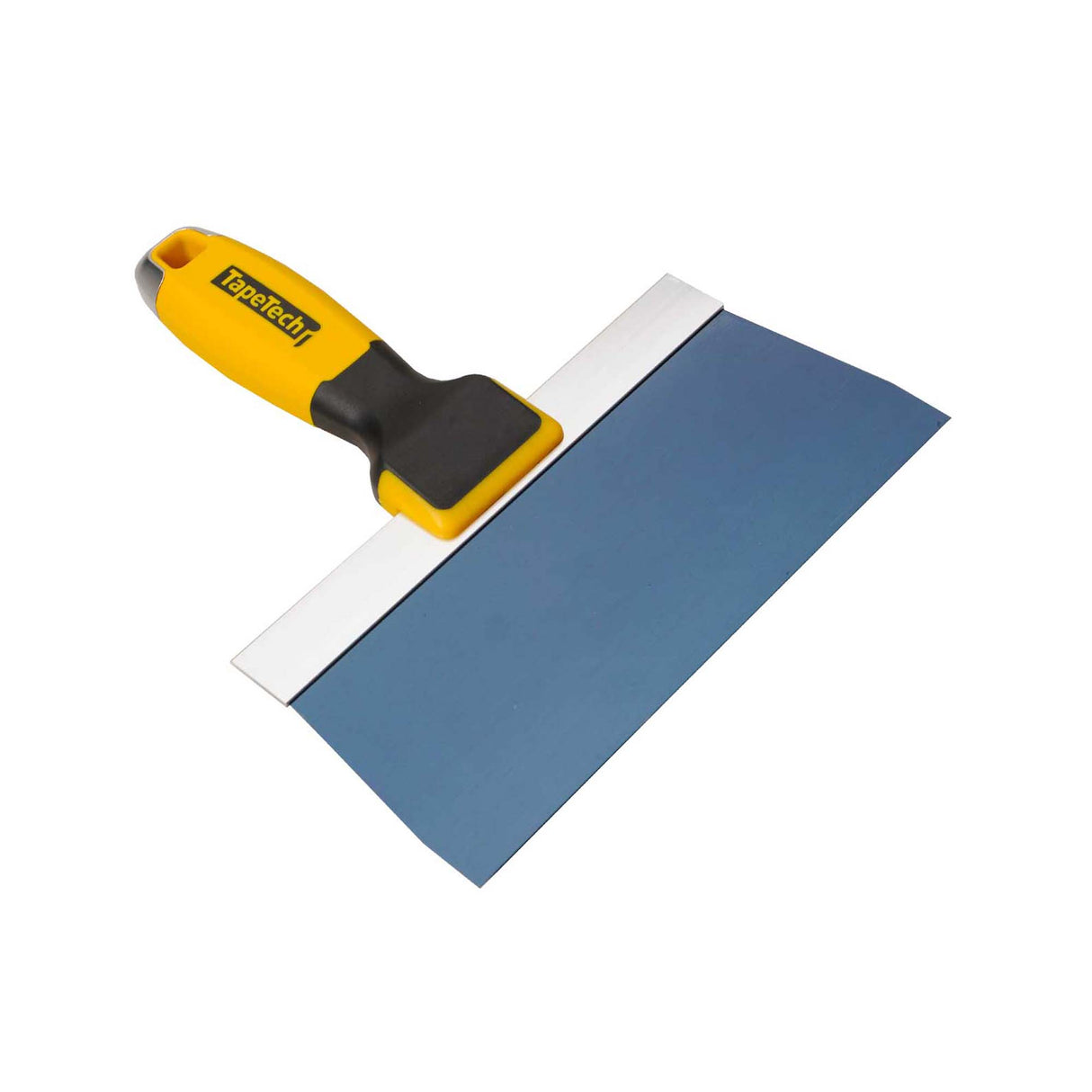 8-inch TapeTech Premium Blue Steel Taping Knife with blue steel blade, oversized yellow and black rubber handle, and alloy hammer end