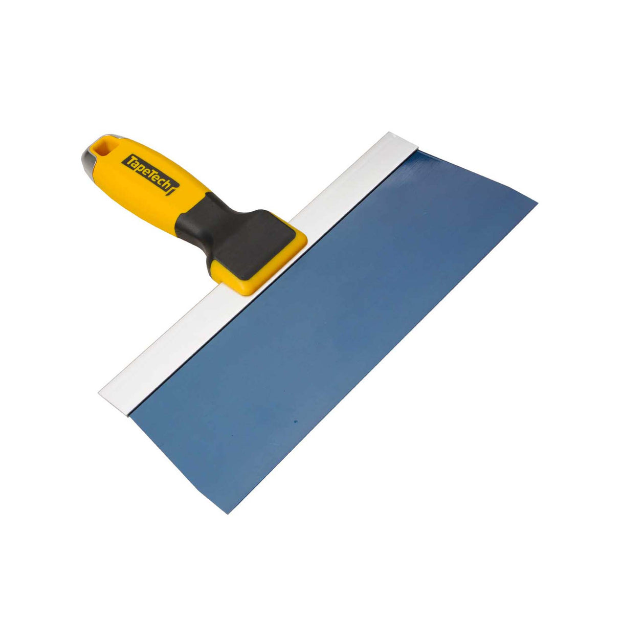 10-inch TapeTech Premium Blue Steel Taping Knife with blue steel blade, oversized yellow and black rubber handle, and alloy hammer end