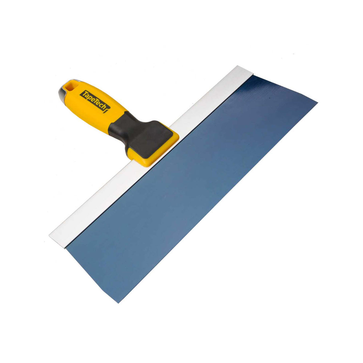 12-inch TapeTech Premium Blue Steel Taping Knife with blue steel blade, oversized yellow and black rubber handle, and alloy hammer end