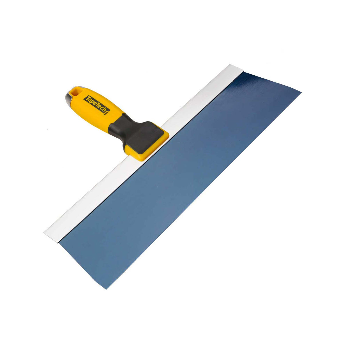 14-inch TapeTech Premium Blue Steel Taping Knife with blue steel blade, oversized yellow and black rubber handle, and alloy hammer end