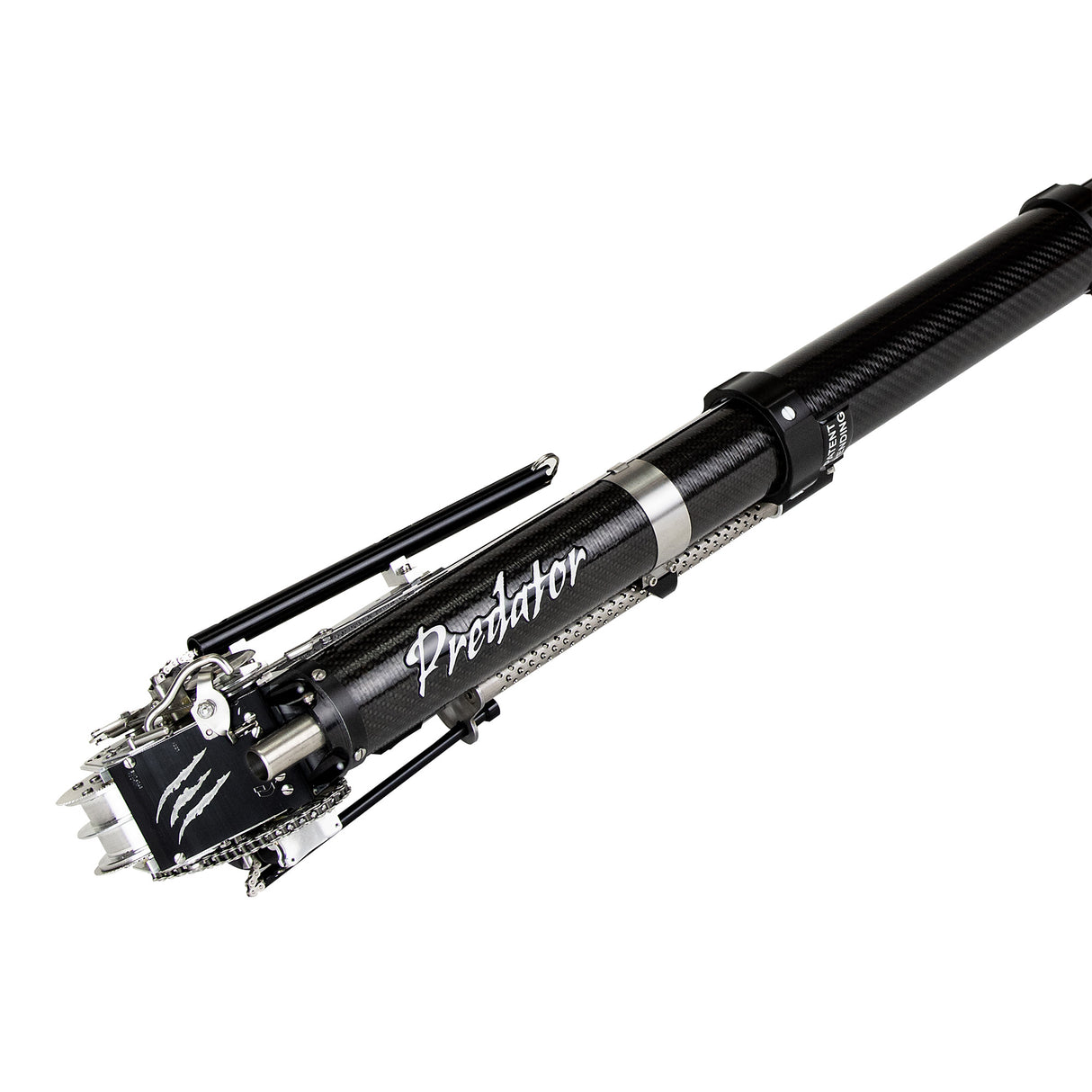 Close-up of Columbia Predator Taper with black carbon fiber body and steel blades and components