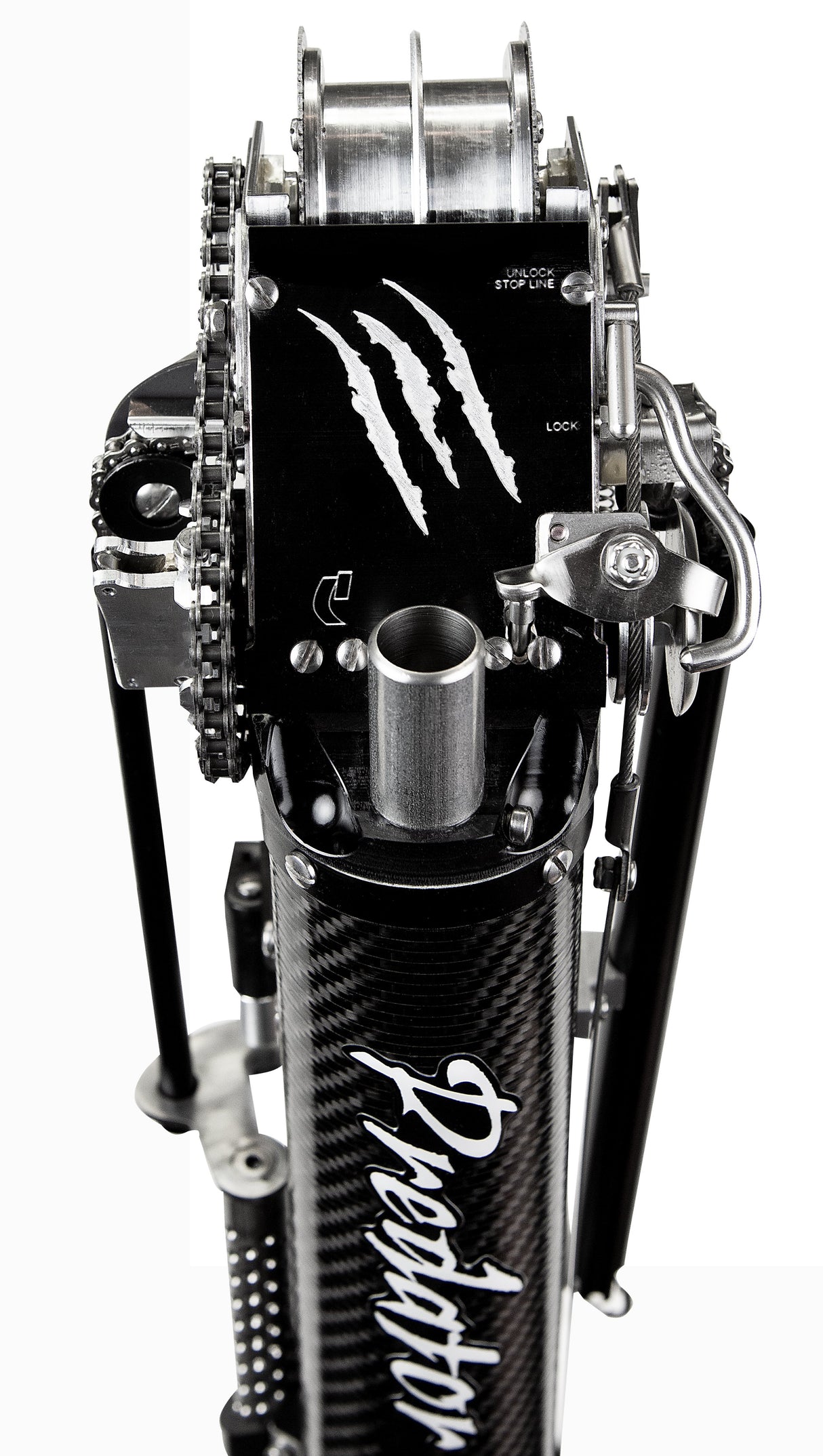 Close-up of Columbia Sawed Off Predator Automatic Taper head with black carbon fiber body and steel components