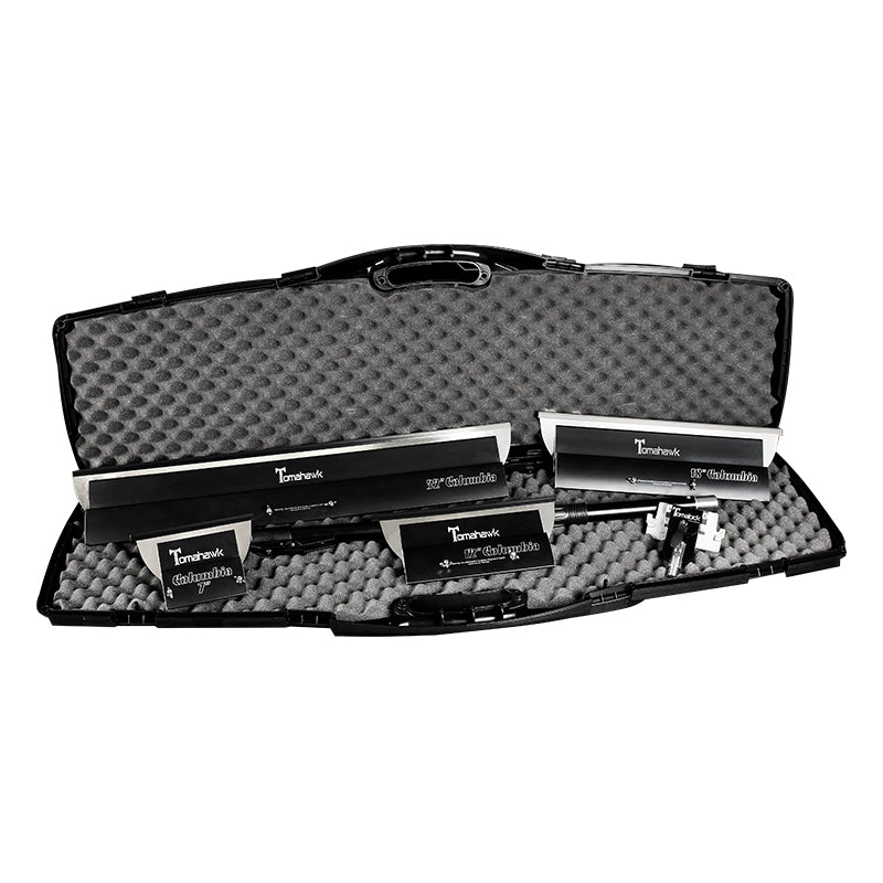 Open black foam-lined carrying case containing Columbia Tomahawk skimming blades, handle, and Tomalock adaptor