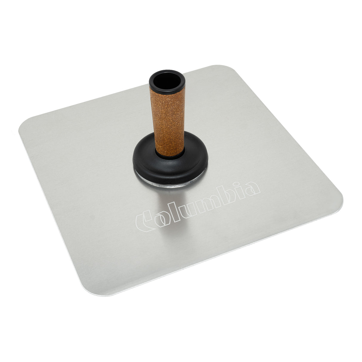 13-inch Columbia Finishing Hawk with aluminum plate, rounded corners, black rubber cover, and cork handle