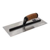 14-inch Columbia Curved Blade Stainless Steel Finishing Trowel with rounded corners, silver stainless steel blade, black aluminum bar, and cork handle