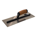 14-inch Pro Flex Columbia Curved Blade Finishing Trowel with rounded corners, brown stainless steel blade, black aluminum bar, and cork handle