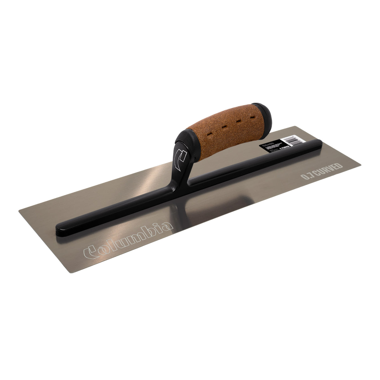 16-inch Pro Flex Columbia Curved Blade Finishing Trowel with rounded corners, brown stainless steel blade, black aluminum bar, and cork handle