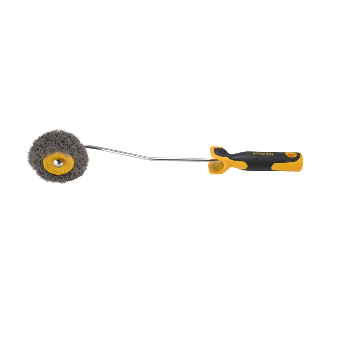 2-inch TapeTech Premium Inside Corner Compound Roller with grey nap, yellow roller frame, and grey comfort handle, side view