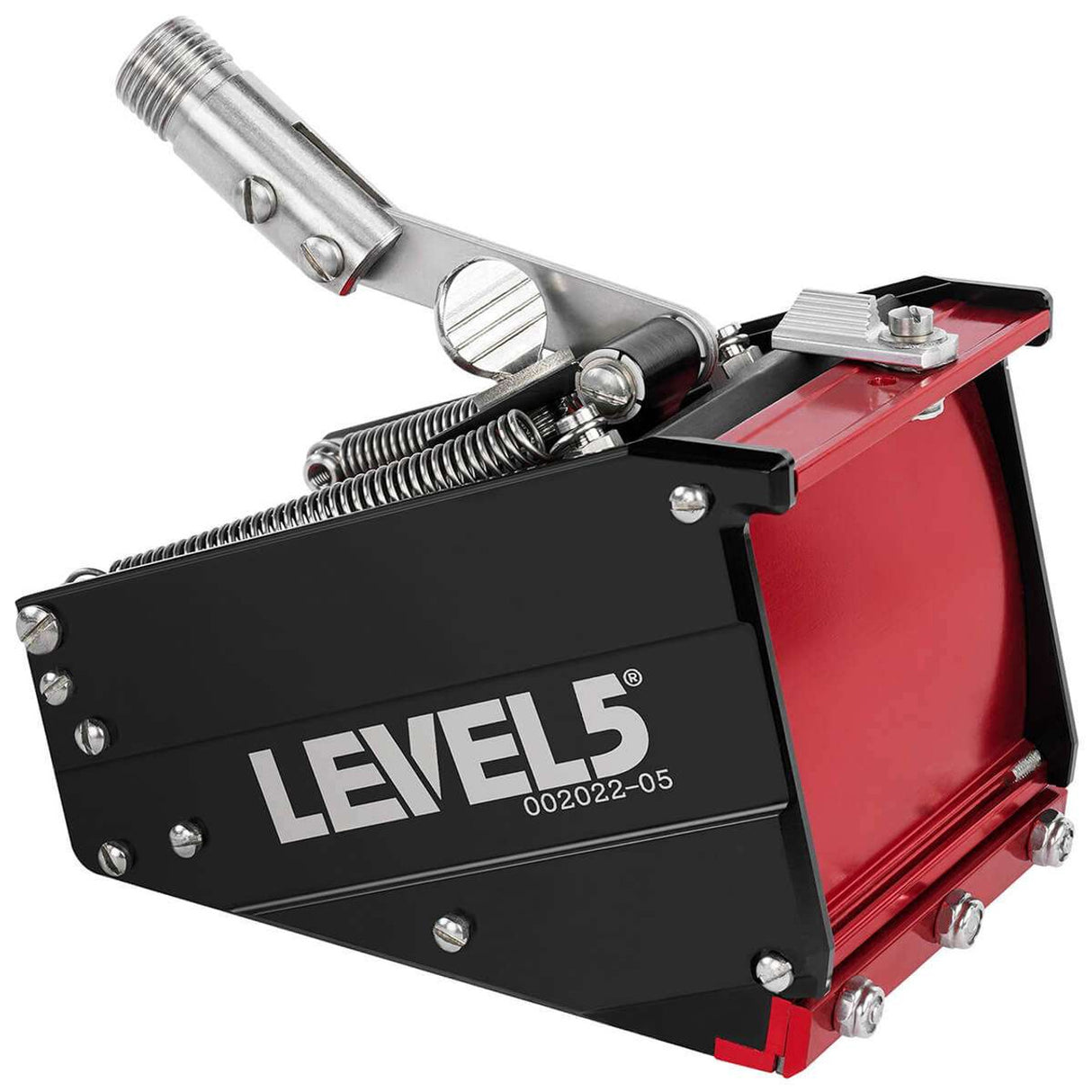 2-inch Level 5 Nail Spotter lying on its front with red stainless steel body, black side panels, and steel handle and springs