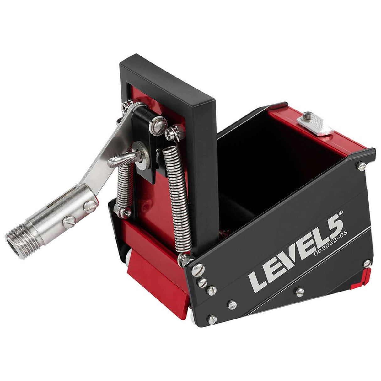 3-inch Level 5 Nail Spotter lying on its front with the back panel open, red stainless steel body, and black side panels