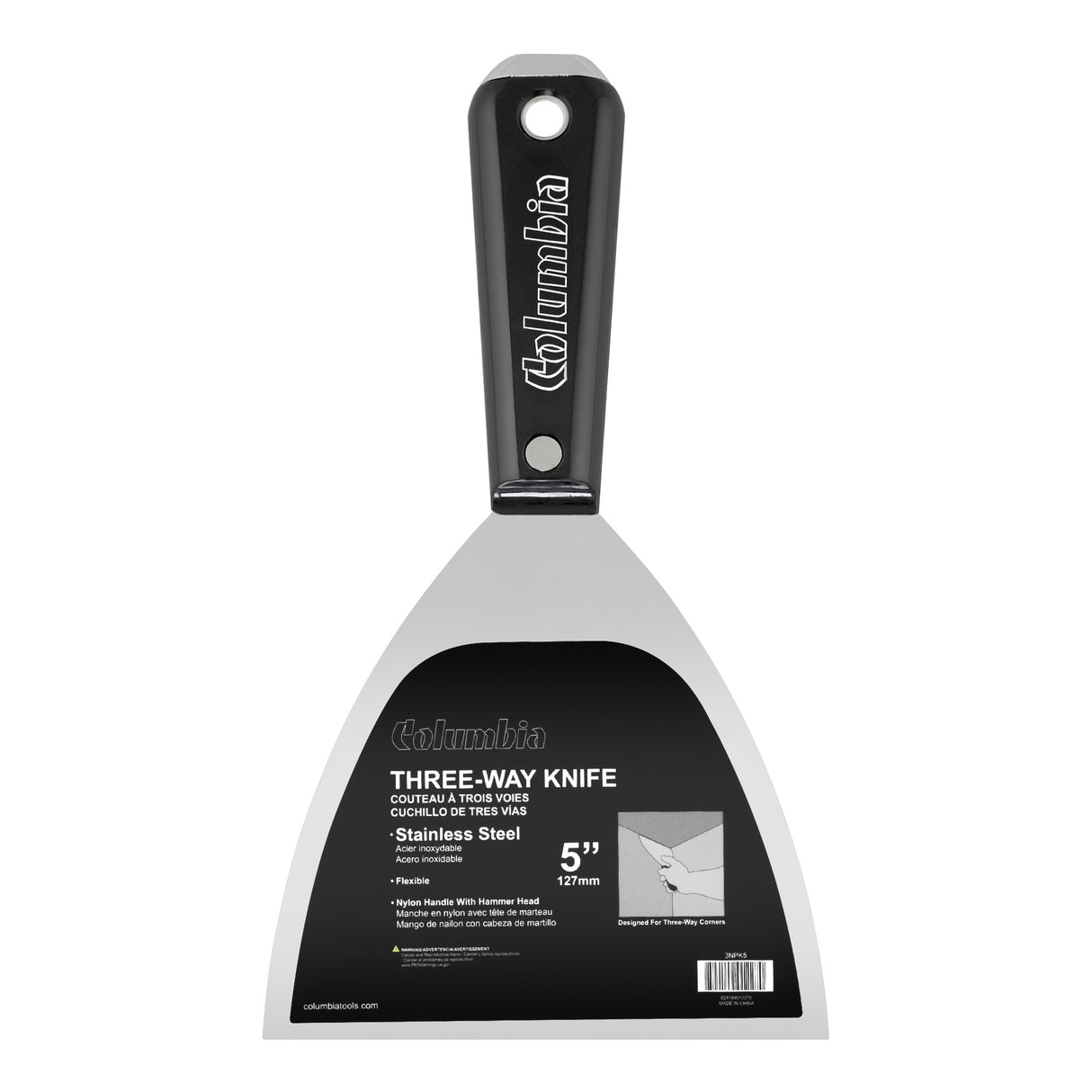 5-inch Columbia 3Way Putty Knife with stainless steel blade and black nylon handle