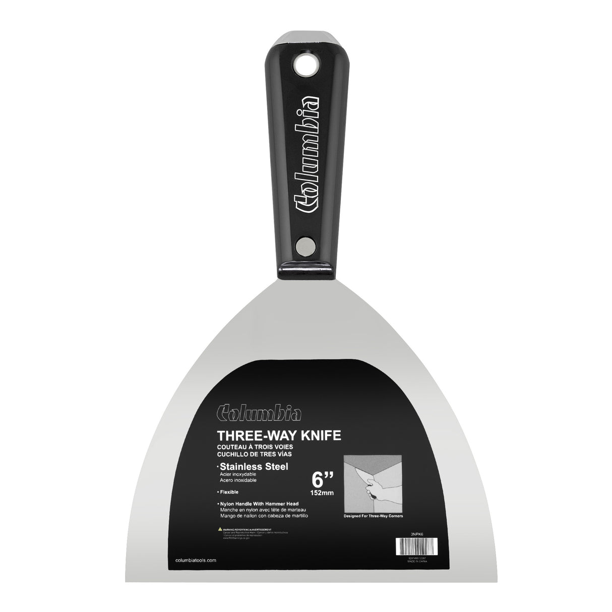 6-inch Columbia 3Way Putty Knife with stainless steel blade and black nylon handle