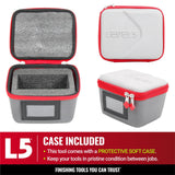 Level 5 soft case with a light and dark grey exterior, red zipper, and foam interior cutouts for a Level 5 nail spotter