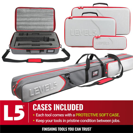Grey Level 5 soft cases with black shoulder strap, red zipper, and foam interior cutouts, including taper, head attachment, and compound pump cases