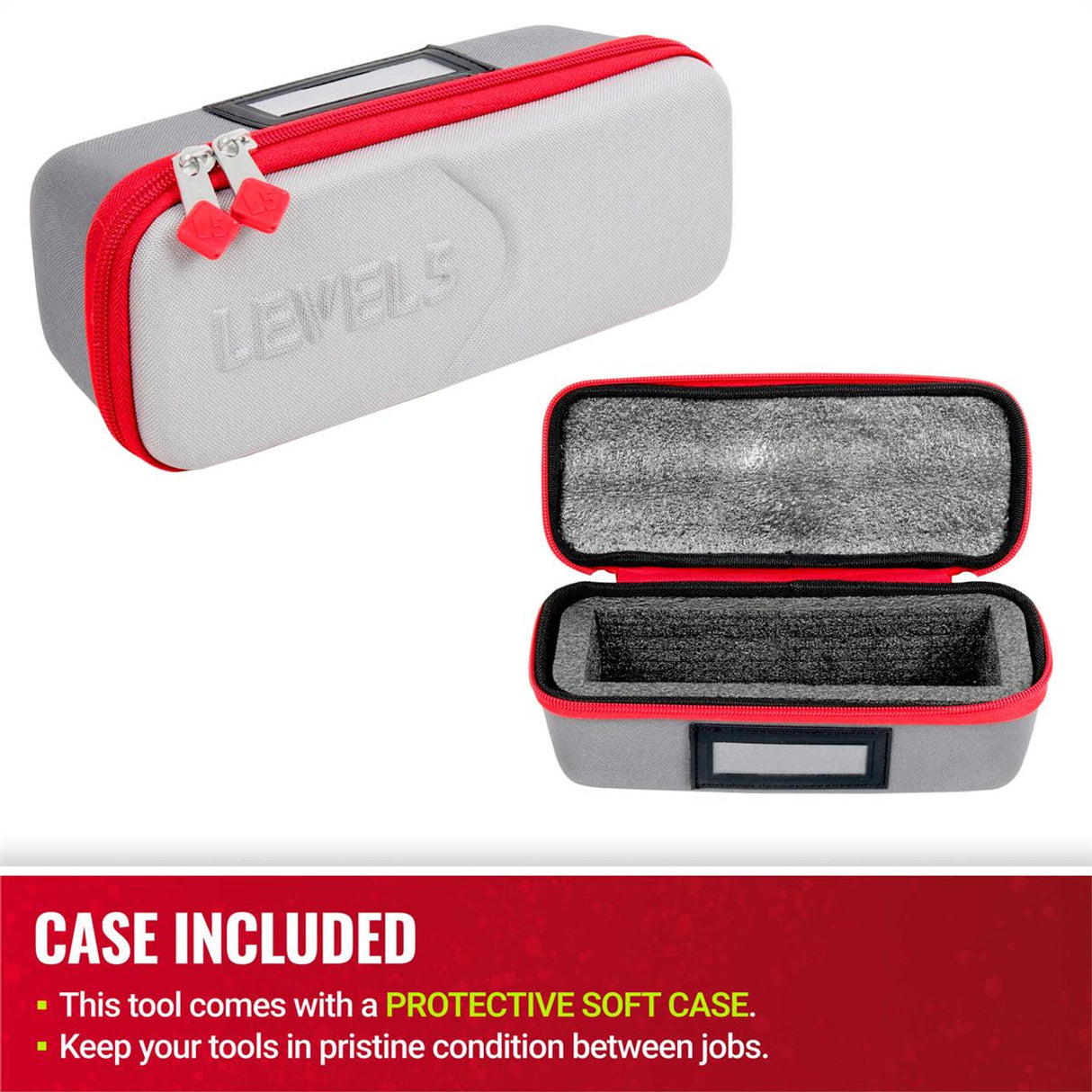 Level 5 soft case with a light and dark grey exterior, red zipper, and foam interior cutouts for a Level 5 corner roller