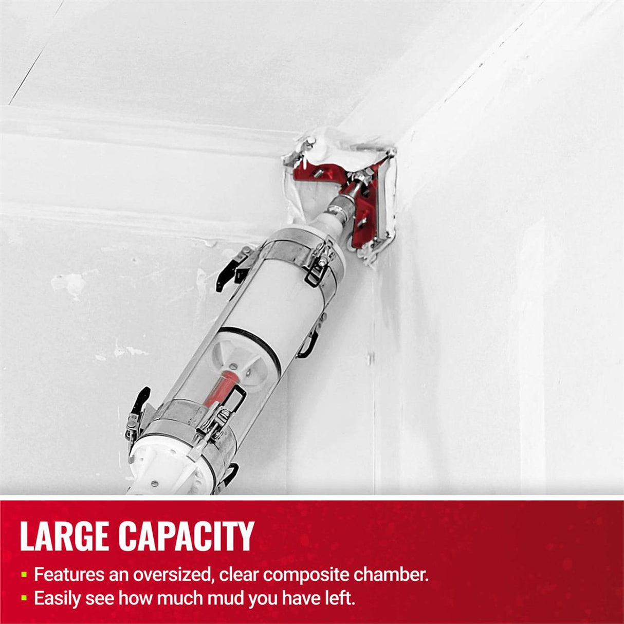 Close-up of Level MiniShot with corner finisher attachment applying mud to ceiling corner