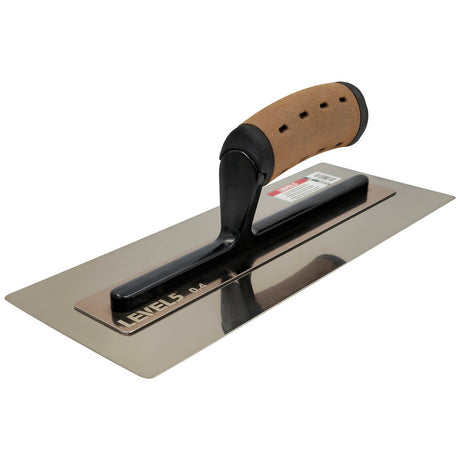 12-inch Level 5 Flat Flex Finishing Trowel with stainless steel blade, black powder coated handle mount, and non-slip leather composite grips