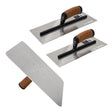 Columbia stainless steel trowel and hawk set with cork handles, including 12-inch and 14-inch Silver 0.4 Curved Blade Trowels and a 13-inch hawk