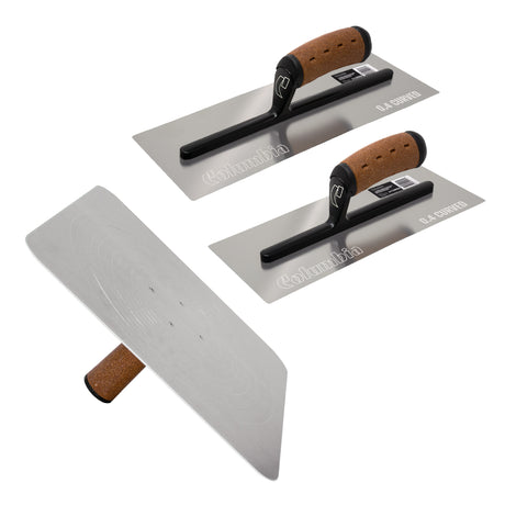 Columbia stainless steel trowel and hawk set with cork handles, including 12-inch and 14-inch Silver 0.4 Curved Blade Trowels and a 13-inch hawk