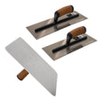 Columbia stainless steel trowel and hawk set with cork handles, including 12-inch and 14-inch Pro Flex 0.7 Curved Blade Trowels and a 13-inch hawk
