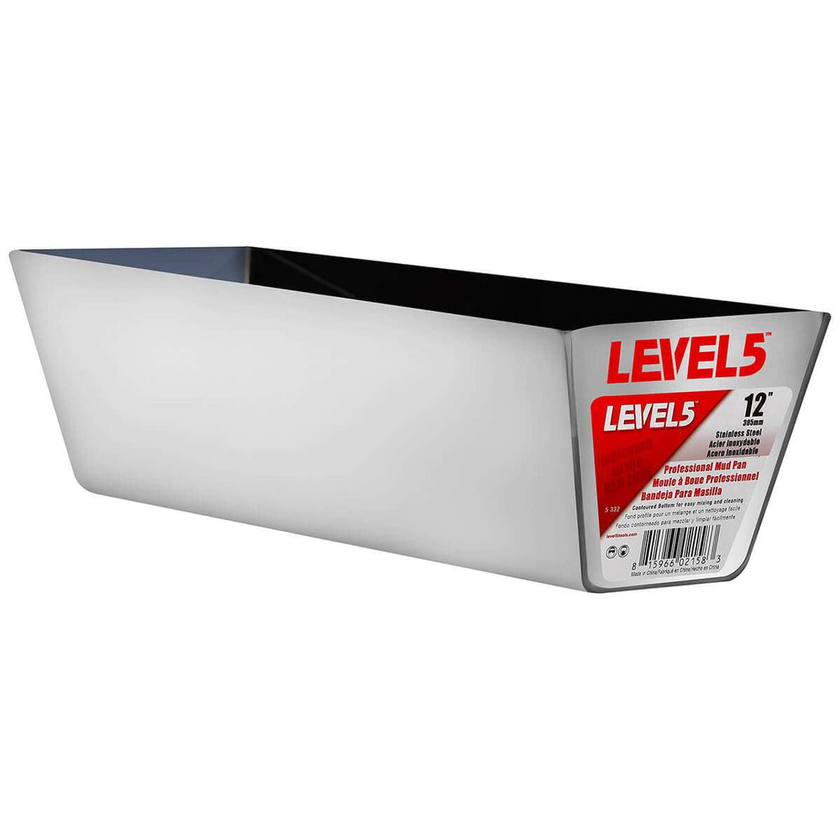 12-inch Level 5 polished stainless steel mud pan with welded end caps
