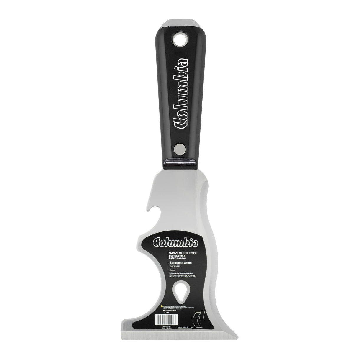 9-in-1 Columbia Putty Knife with stainless steel blade and black nylon handle with steel hammer head