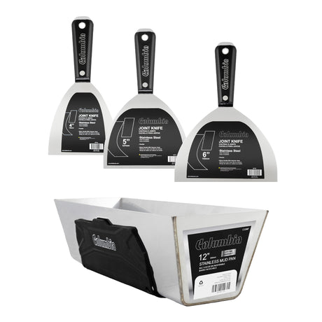 4-inch, 5-inch, and 6-inch stainless steel joint knives with black nylon handles, plus a 12-inch mud pan with a black rubber grip