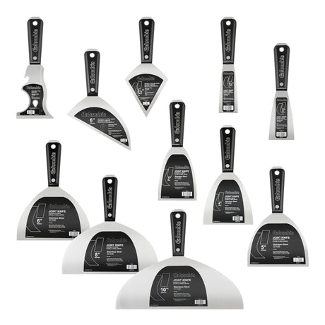 Columbia hand tool set with 8 joint knives, clipped knife, pointed knife, and multi-tool, made of stainless steel with black nylon handles